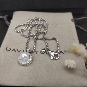 David Yurman Silver Necklace with White Pearl and Pavé Halo